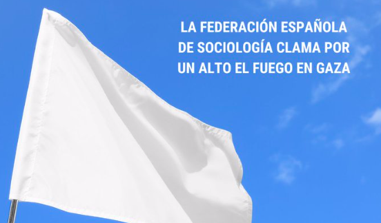 Bandera blanca amb un missatge de la FES que demana l'alto el foc